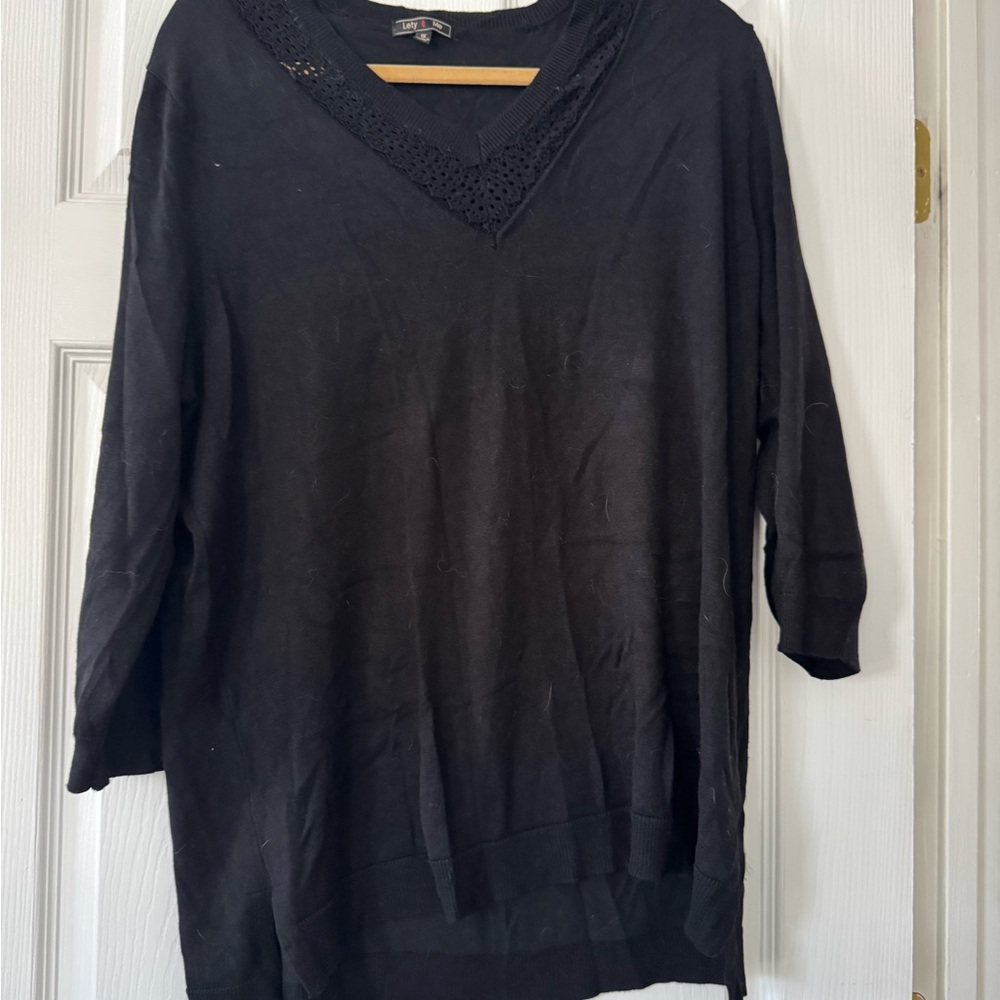 Lety & Me Black V neck Sweater with lace detailing at neck